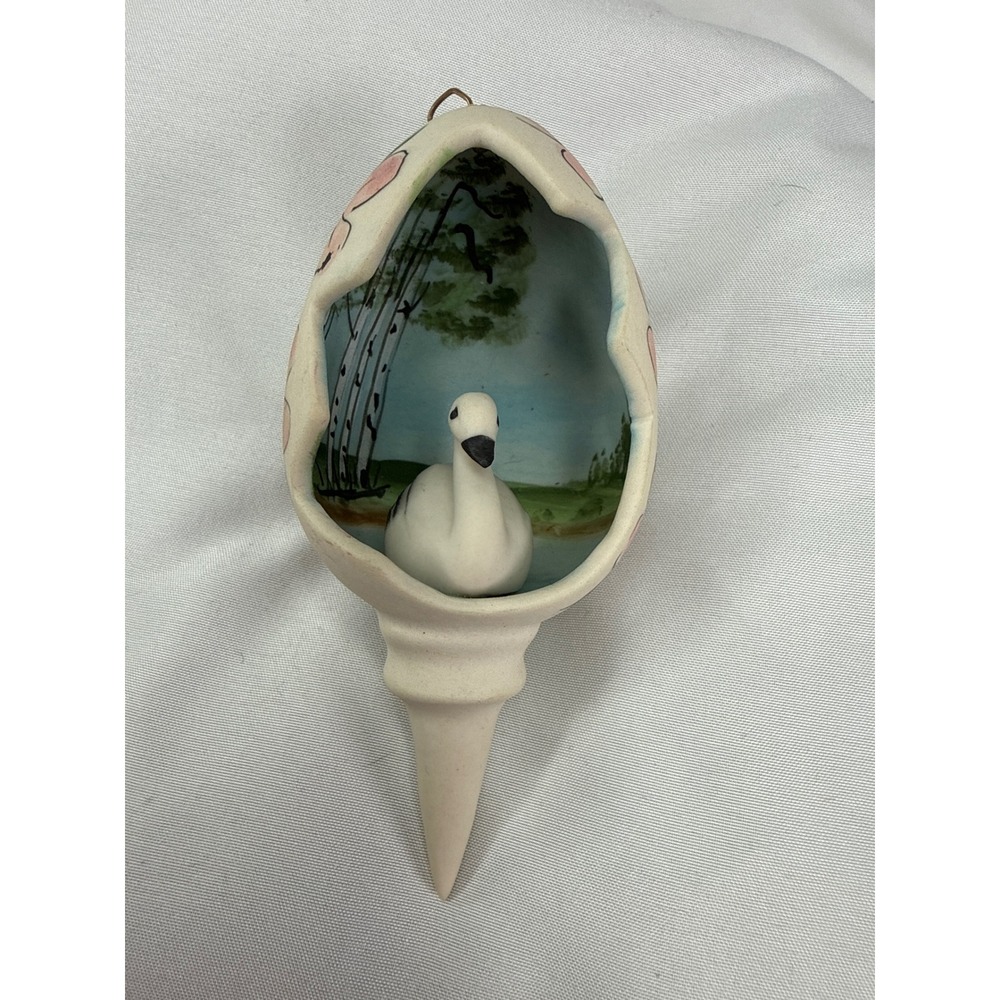 Vintage 1980 Joel Hand Painted Ceramic Egg Swan Diorama Ornament Pink Floral